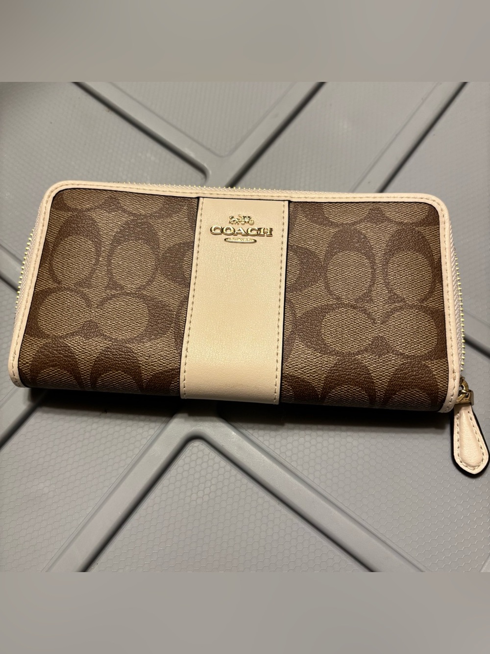 Coach Brown Monogram Zip Wallet with Cream Center Stripe